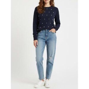 Kersh Navy Blue Rhinestone Embellished Cotton-Jersey Crewneck Sweater Sz Medium